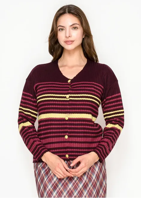 Burgundy Ribbed Cardigan with Stripes
