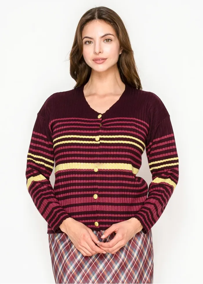 Burgundy Ribbed Cardigan with Stripes