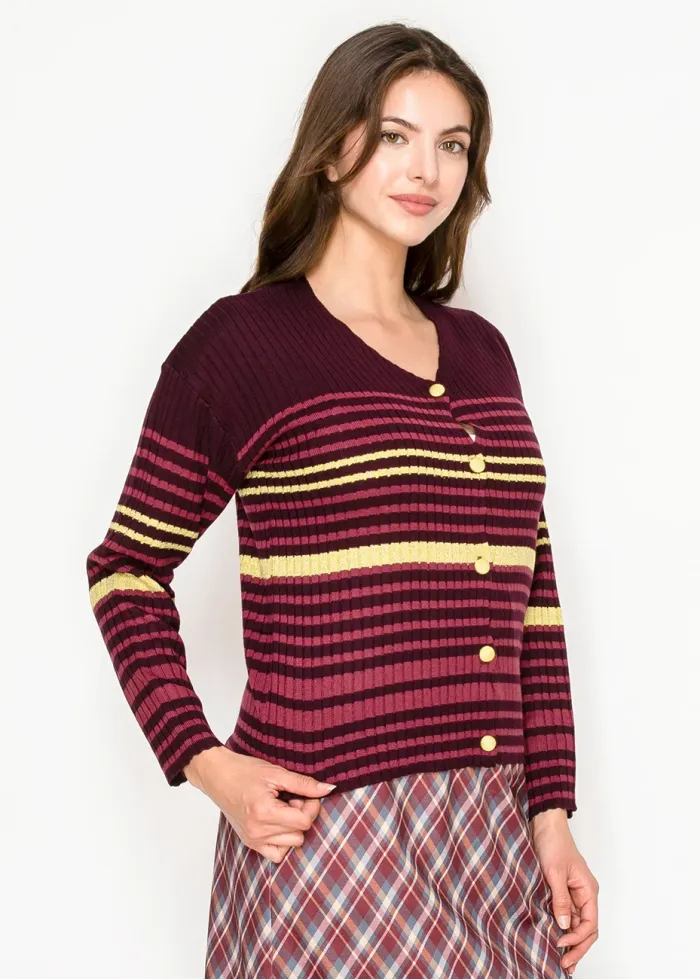Burgundy Ribbed Cardigan with Stripes