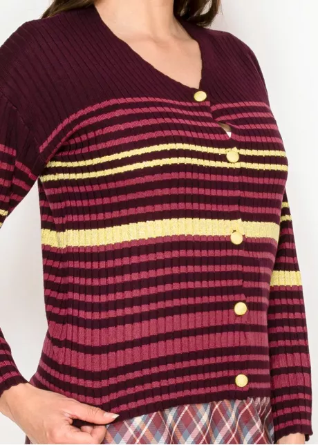 Burgundy Ribbed Cardigan with Stripes