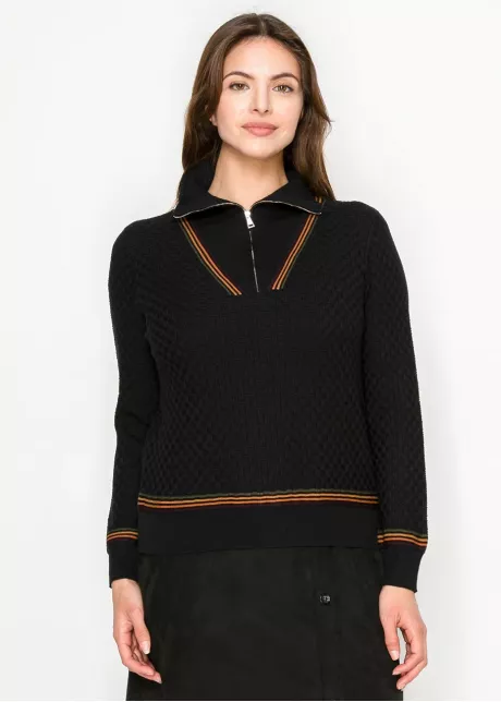 Black Half-Zip Sweater with Striped Trim