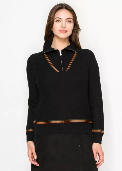 Black Half-Zip Sweater with Striped Trim Black Half-Zip Sweater with Striped Trim