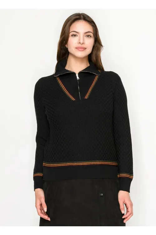 Black Half-Zip Sweater with Striped Trim
