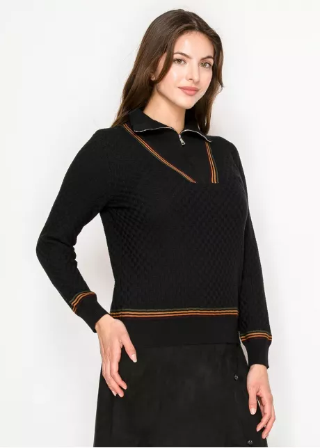 Black Half-Zip Sweater with Striped Trim
