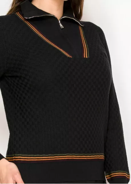 Black Half-Zip Sweater with Striped Trim