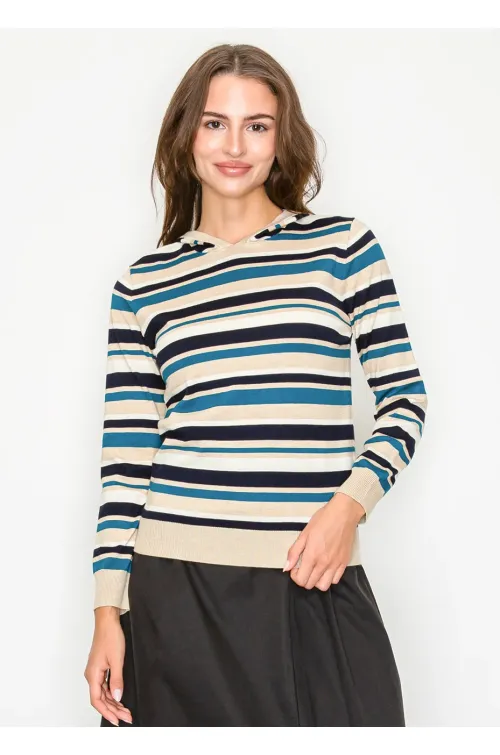 Striped Knit Hoodie in Blue and Beige