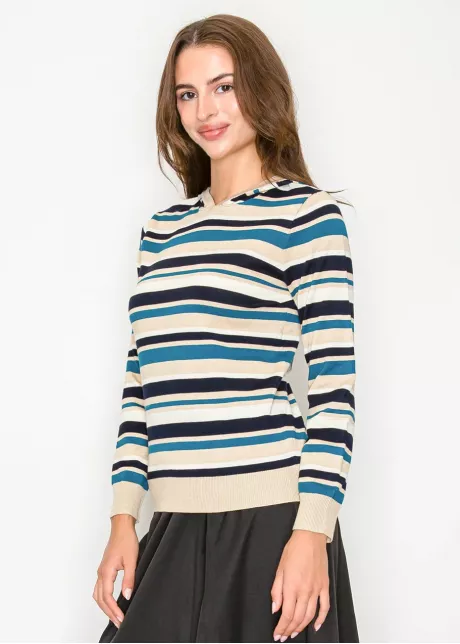 Striped Knit Hoodie in Blue and Beige