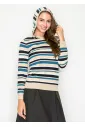 Striped Knit Hoodie in Blue and Beige