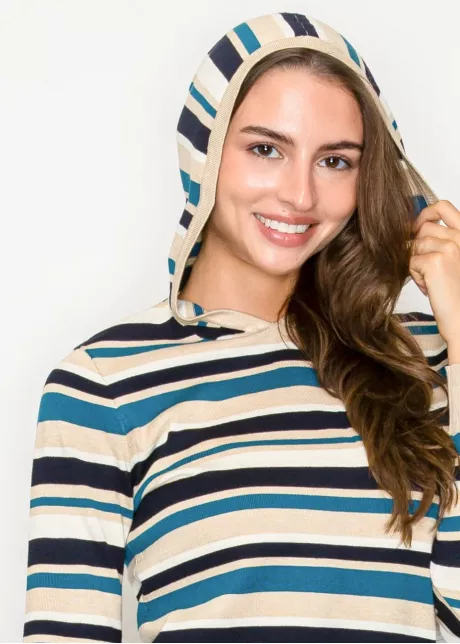 Striped Knit Hoodie in Blue and Beige