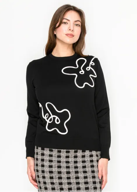 Black Knit Sweater with White Line Art