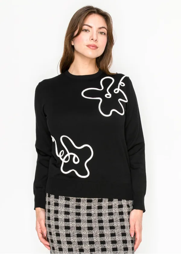Black Knit Sweater with White Line Art