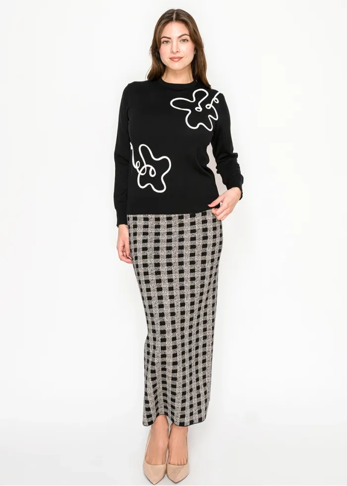 Black Knit Sweater with White Line Art