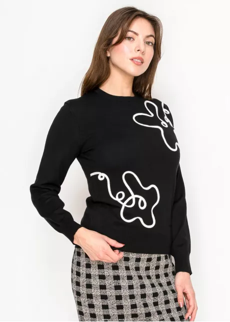 Black Knit Sweater with White Line Art