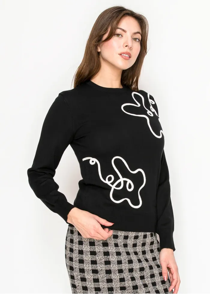 Black Knit Sweater with White Line Art