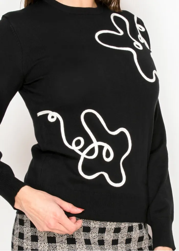 Black Knit Sweater with White Line Art
