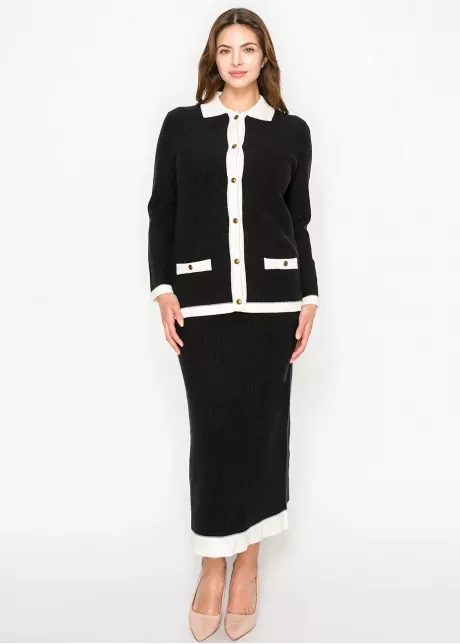 Ribbed Black Cardigan with White Collar