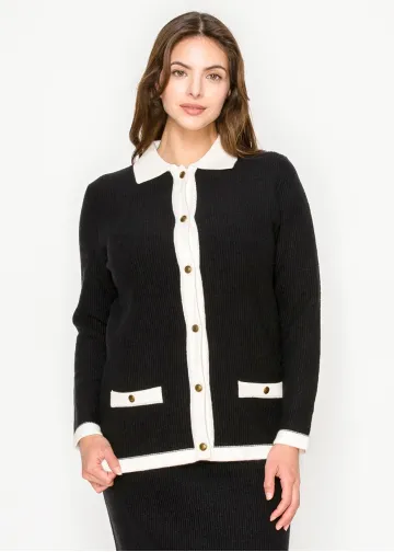 Ribbed Black Cardigan with White Collar