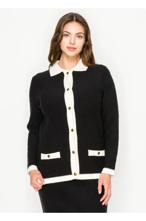 Ribbed Black Cardigan with White Collar