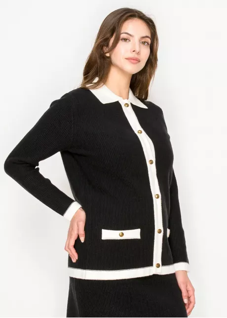 Ribbed Black Cardigan with White Collar