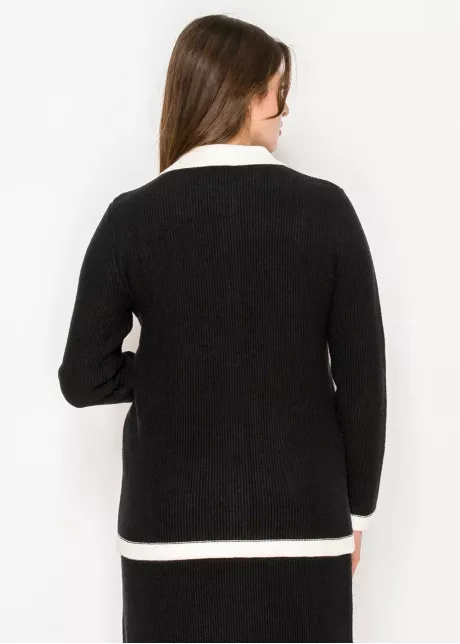 Ribbed Black Cardigan with White Collar
