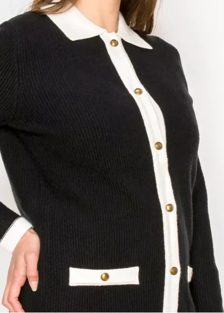Ribbed Black Cardigan with White Collar