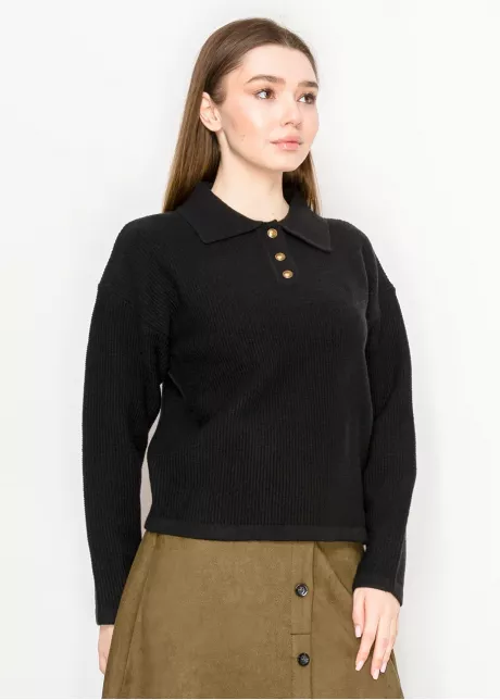 Black Knit Polo Sweater with Button Placket