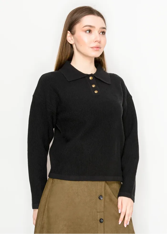Black Knit Polo Sweater with Button Placket