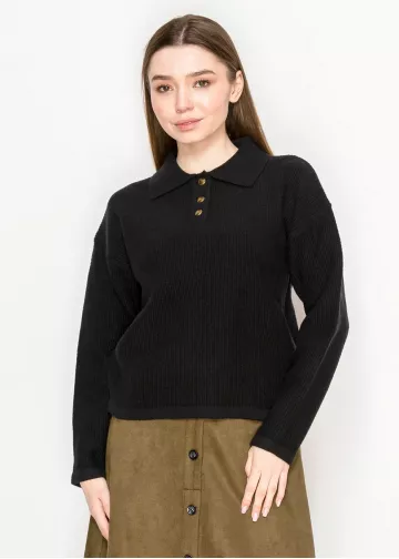 Black Knit Polo Sweater with Button Placket | Modest Women