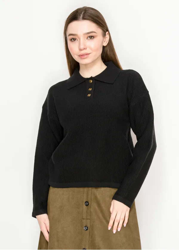 Black Knit Polo Sweater with Button Placket