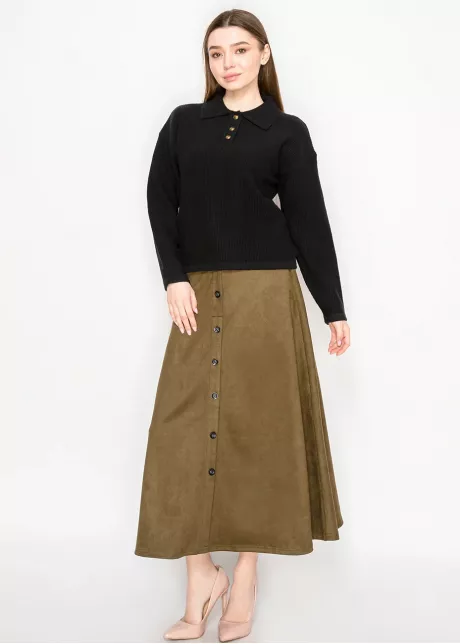 Black Knit Polo Sweater with Button Placket