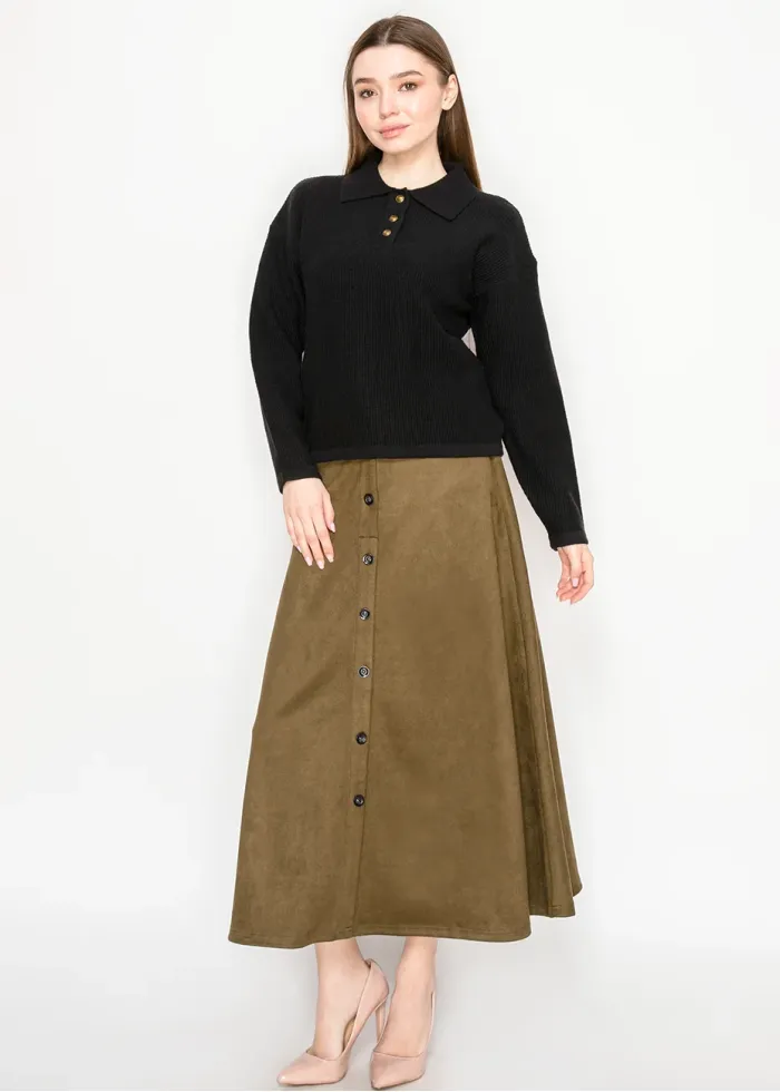 Black Knit Polo Sweater with Button Placket