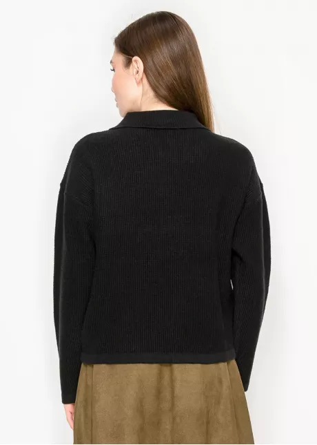Black Knit Polo Sweater with Button Placket