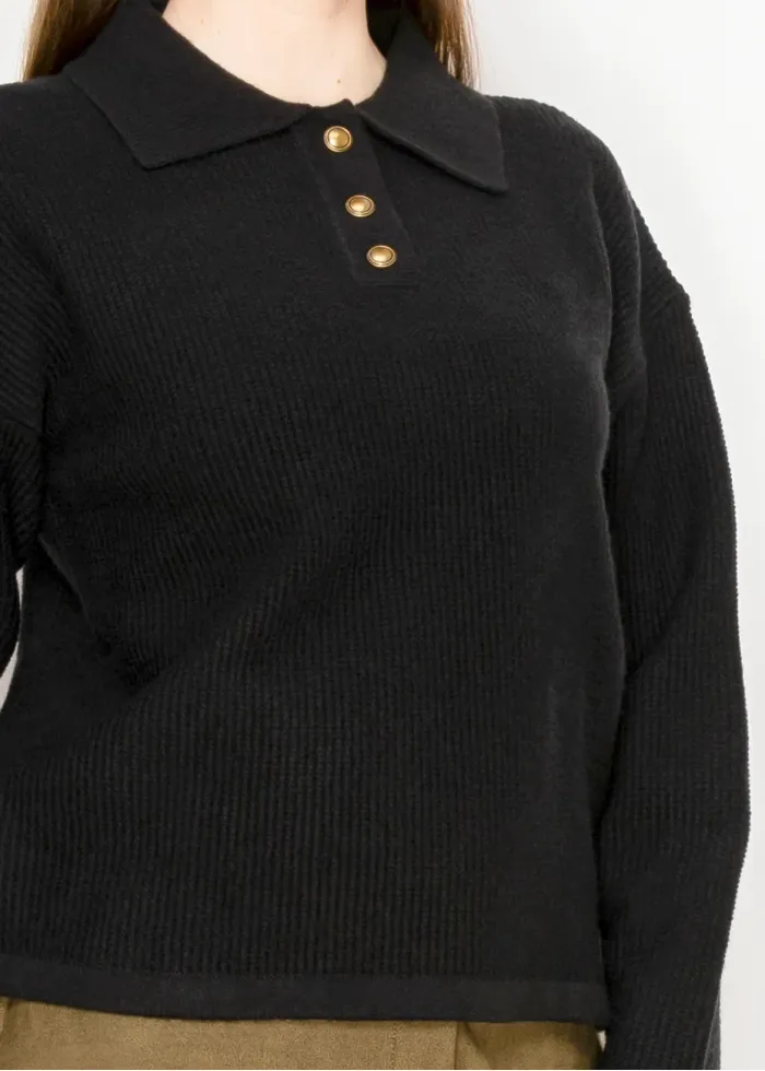 Black Knit Polo Sweater with Button Placket