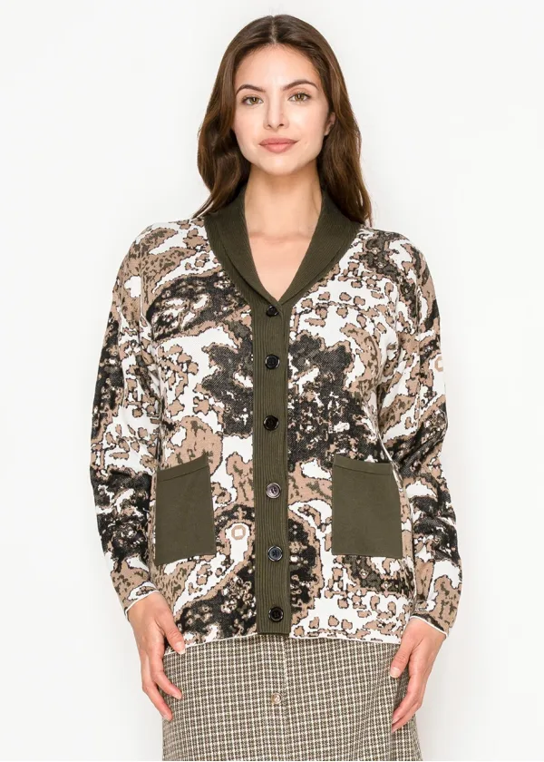Olive Abstract Cardigan with Contrast Trim
