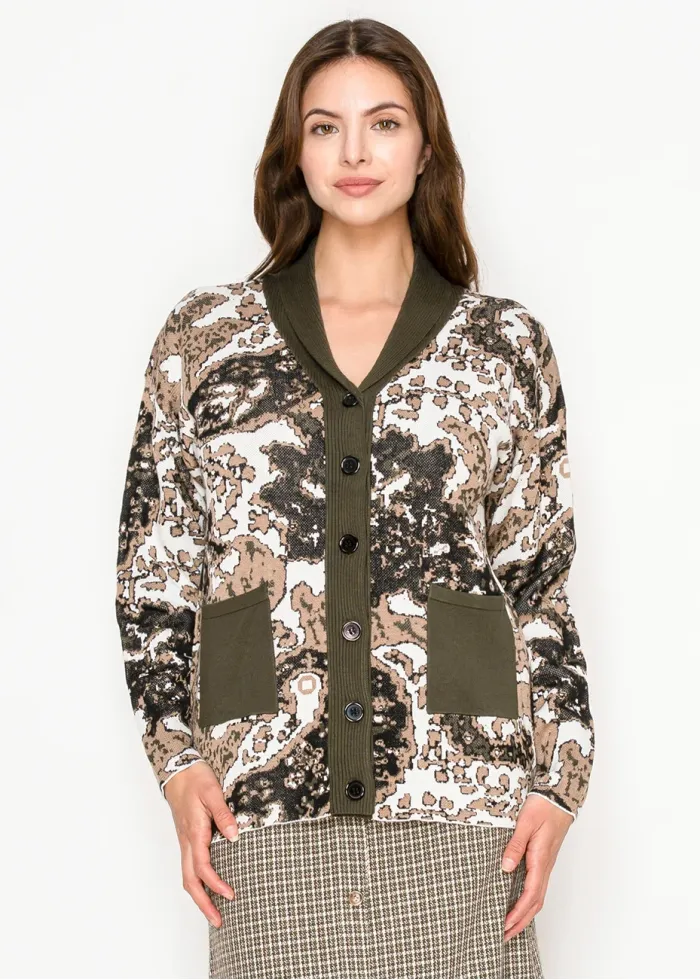 Olive Abstract Cardigan with Contrast Trim