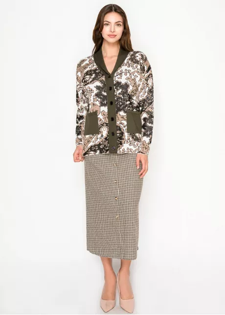 Olive Abstract Cardigan with Contrast Trim