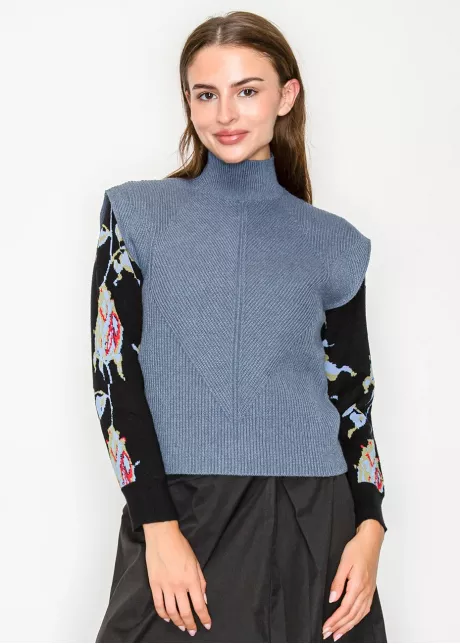 Blue Ribbed Mock Neck Sweater Vest