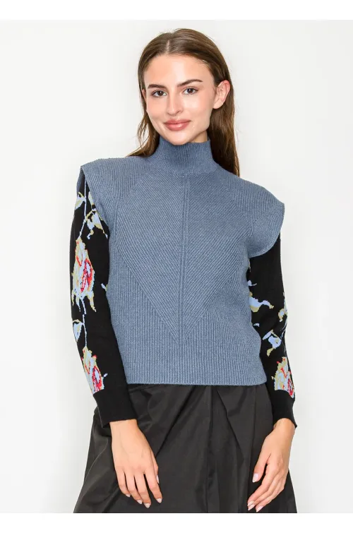 Blue Ribbed Mock Neck Sweater Vest