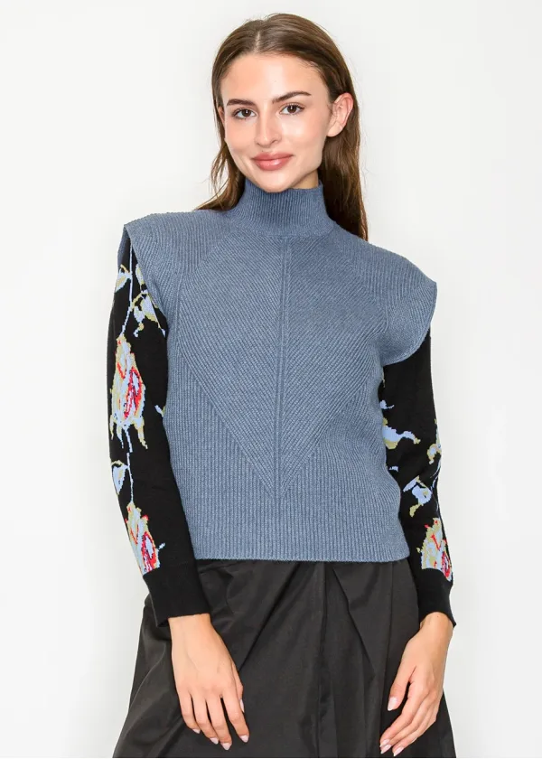 Blue Ribbed Mock Neck Sweater Vest