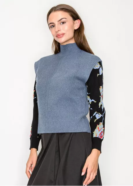 Blue Ribbed Mock Neck Sweater Vest