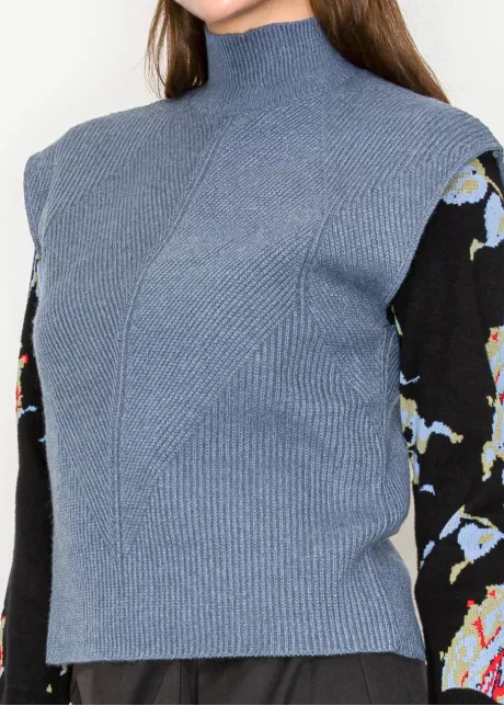 Blue Ribbed Mock Neck Sweater Vest