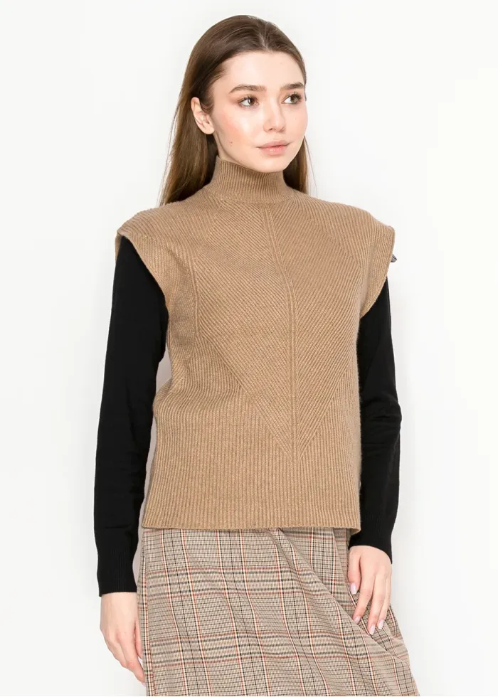 Ribbed Knit Mock Neck Vest – Camel