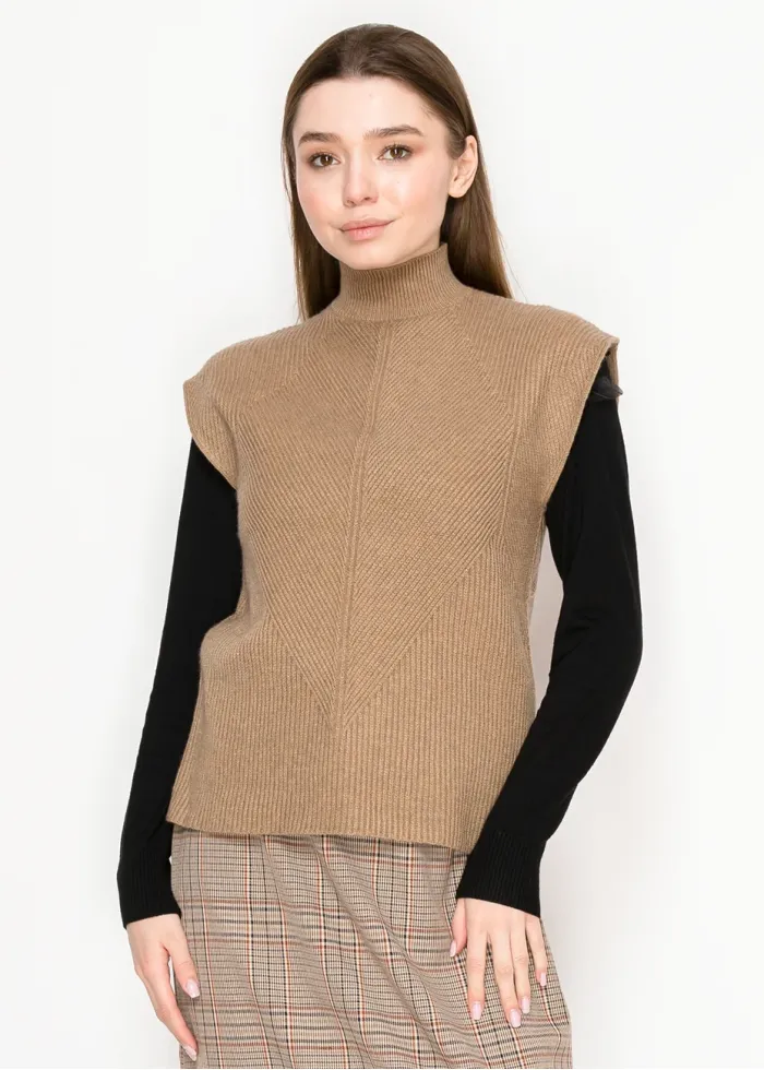 Ribbed Knit Mock Neck Vest – Camel