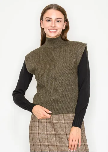 Olive Ribbed Knit Vest with Mock Neck