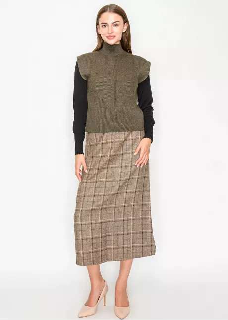 Olive Ribbed Knit Vest with Mock Neck