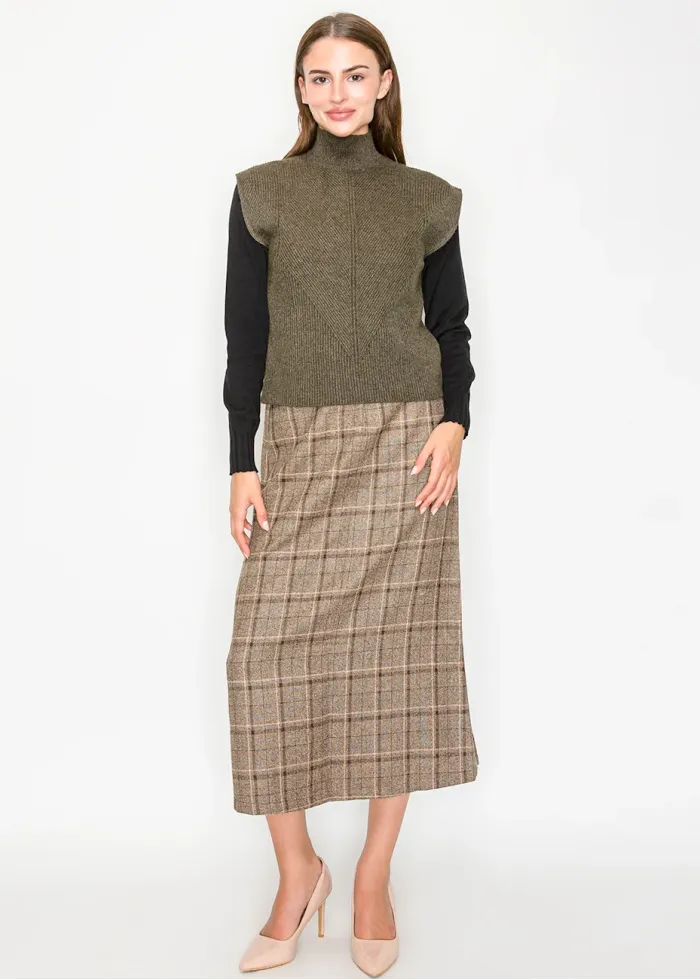 Olive Ribbed Knit Vest with Mock Neck