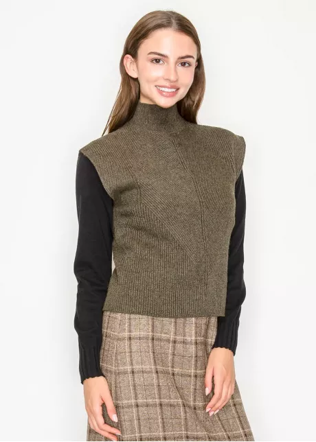 Olive Ribbed Knit Vest with Mock Neck