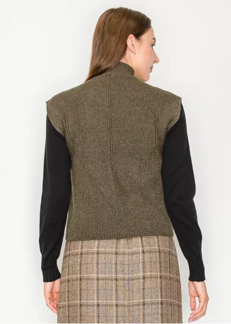 Olive Ribbed Knit Vest with Mock Neck