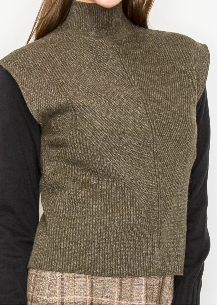 Olive Ribbed Knit Vest with Mock Neck
