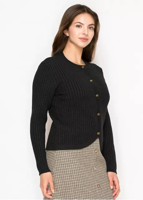 Black Crewneck Textured Cardigan